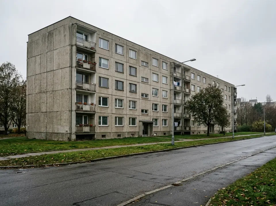 Egyszerű panelház homlokzata csendes utcán, füves előkerttel