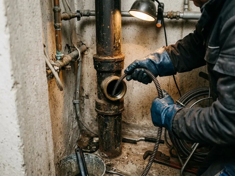 Duguláselhárító kesztyűs keze spirált vezet be egy függőleges lefolyócső nyitott tisztítónyílásába